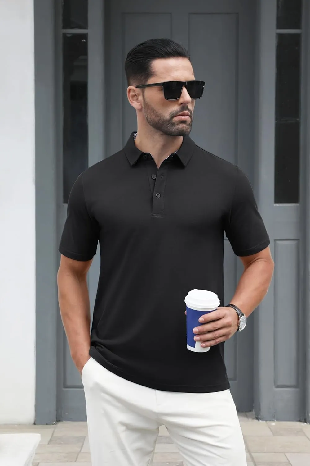MAGCOMSEN Men's Polo Shirts Short Sleeve Cotton Pique 3 Button Classic Fit Casual T-Shirt Performance Golf Shirts