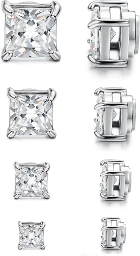 Magnetic Non-piercing Clip On Earrings: Stainless Steel 5-8mm CZ Inlay Round Square Fake Cheater Studs for Men Women 4 Pairs