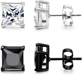 ORAZIO Black Silver Earrings for Men,Stainless Steel Cubic Zirconia Earrings 20G Mens Earrings Hypoallergenic CZ Earrings Studs Trendy Square Earring Studs Set 4-8MM