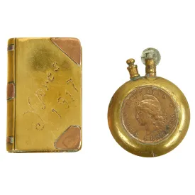 Original British WWI Set of Two Trench Art Lighters - One Round with Coins & One Book Marked Ypres 1917