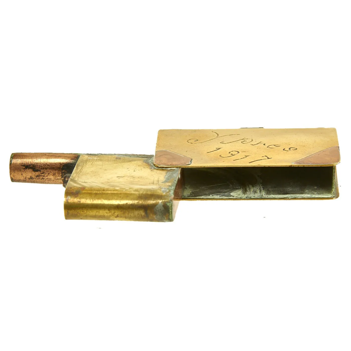 Original British WWI Set of Two Trench Art Lighters - One Round with Coins & One Book Marked Ypres 1917