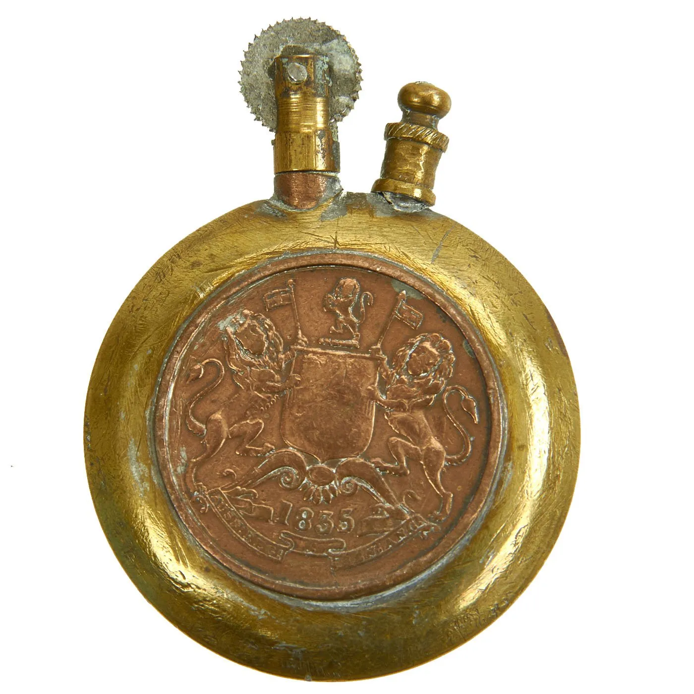 Original British WWI Set of Two Trench Art Lighters - One Round with Coins & One Book Marked Ypres 1917