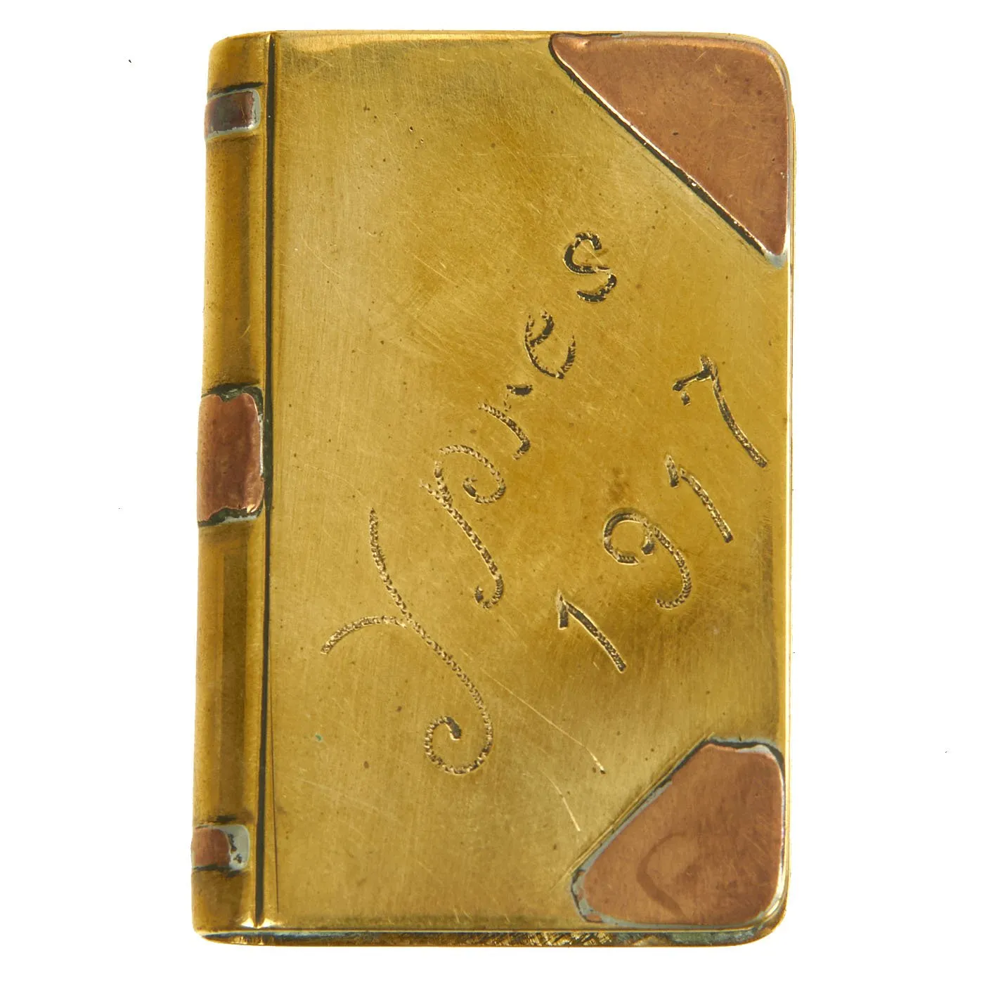 Original British WWI Set of Two Trench Art Lighters - One Round with Coins & One Book Marked Ypres 1917
