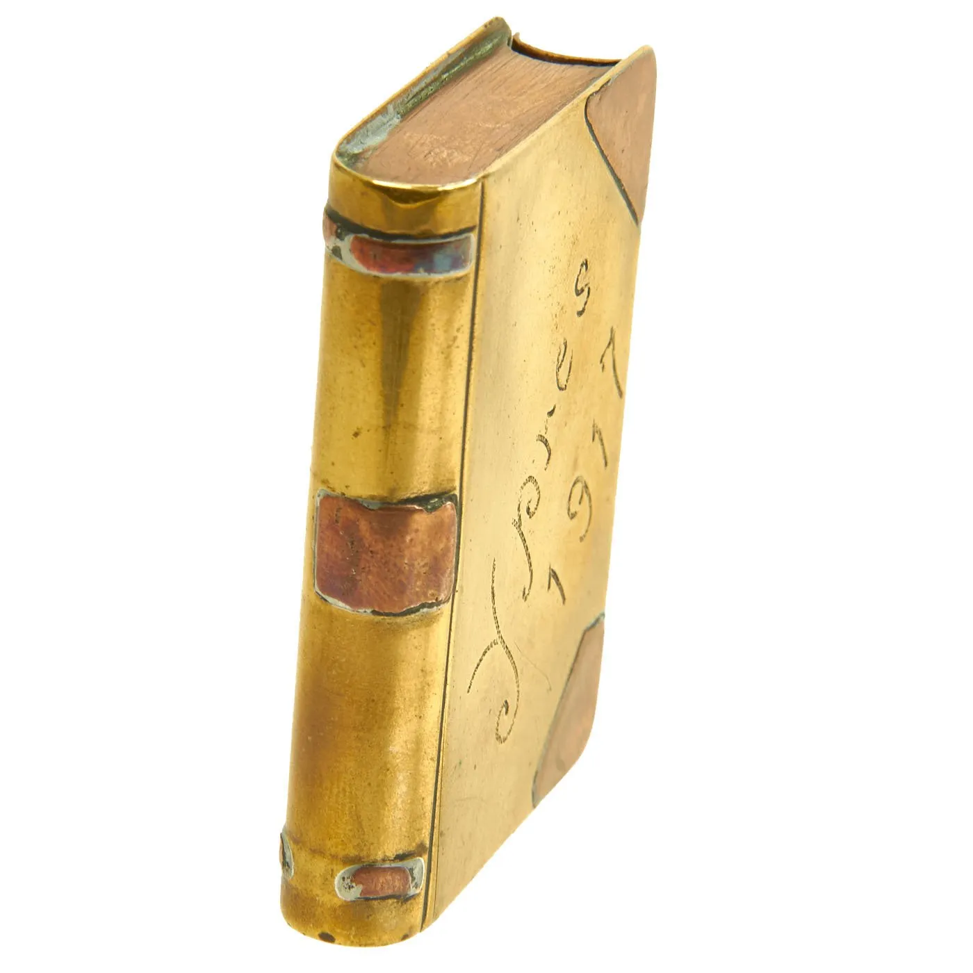 Original British WWI Set of Two Trench Art Lighters - One Round with Coins & One Book Marked Ypres 1917