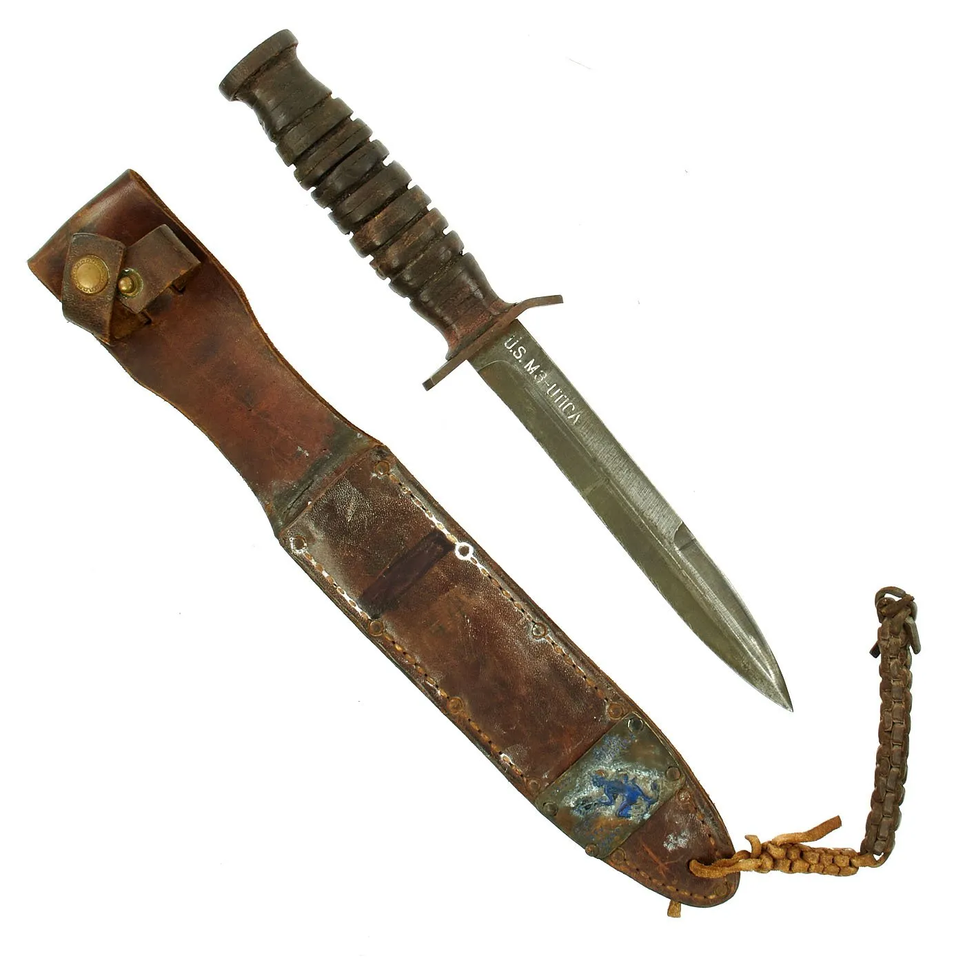 Original U.S. WWII 88th Infantry Division Blue Devils Named M3 Blade Marked Fighting Knife by Utica with M6 Leather Scabbard
