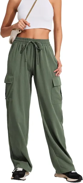 PINSPARK Women's Cargo Pants Quick Dry Hiking Athletic Pants Elastic High Waist Casual Pants Wide Leg with Pockets