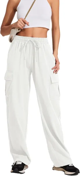 PINSPARK Women's Cargo Pants Quick Dry Hiking Athletic Pants Elastic High Waist Casual Pants Wide Leg with Pockets