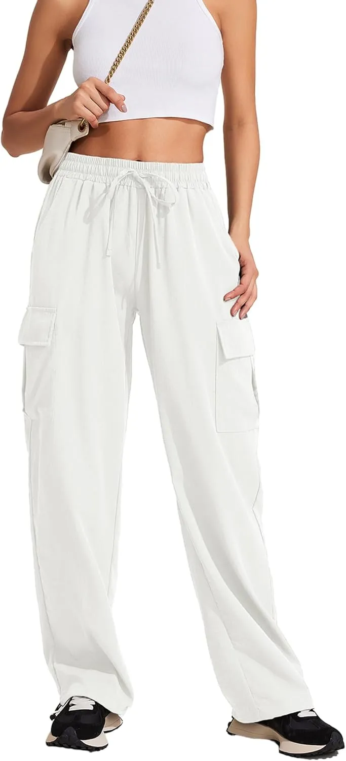 PINSPARK Women's Cargo Pants Quick Dry Hiking Athletic Pants Elastic High Waist Casual Pants Wide Leg with Pockets