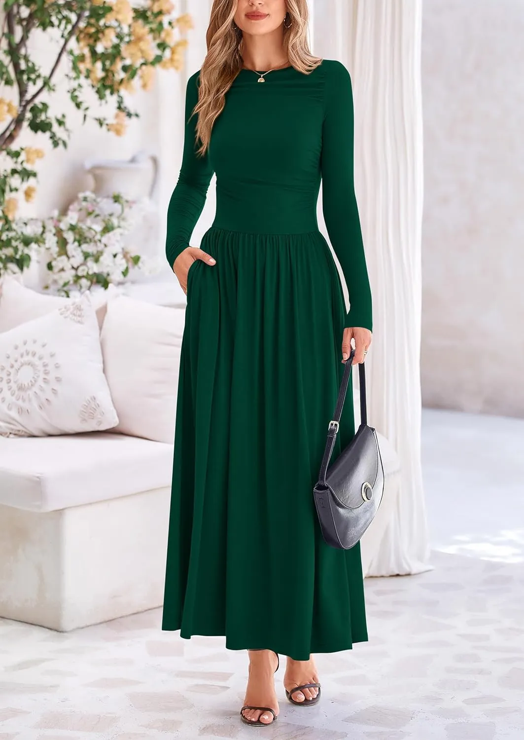 PRETTYGARDEN Women's 2025 Spring Casual Long Sleeve Maxi Dresses Crewneck Ruched A Line Flowy Elegant Modest Going Out Dress