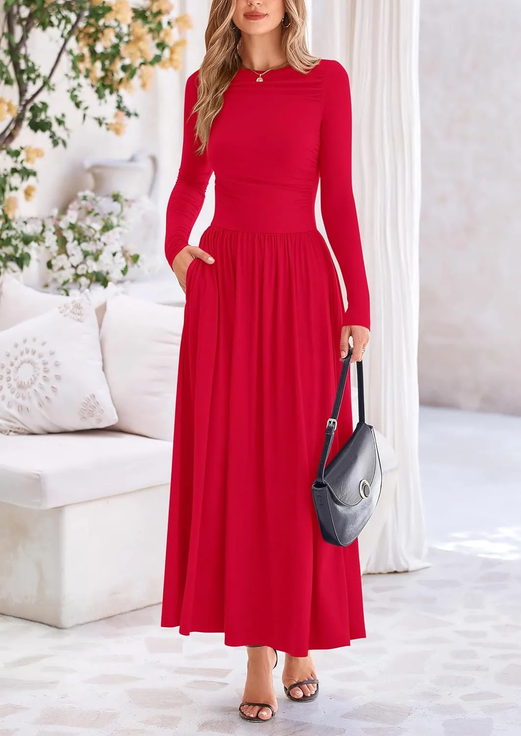 PRETTYGARDEN Women's 2025 Spring Casual Long Sleeve Maxi Dresses Crewneck Ruched A Line Flowy Elegant Modest Going Out Dress