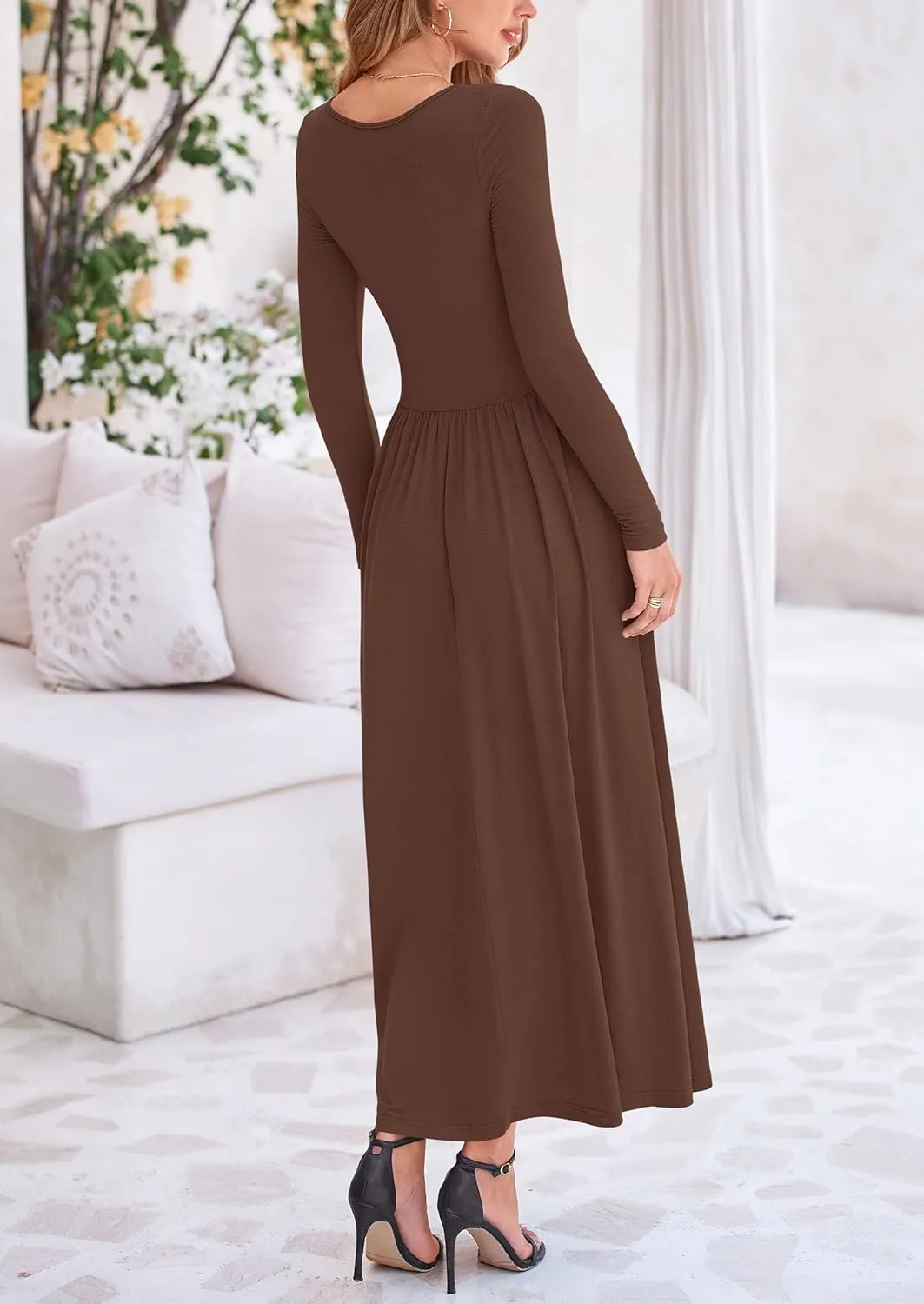 PRETTYGARDEN Women's 2025 Spring Casual Long Sleeve Maxi Dresses Crewneck Ruched A Line Flowy Elegant Modest Going Out Dress