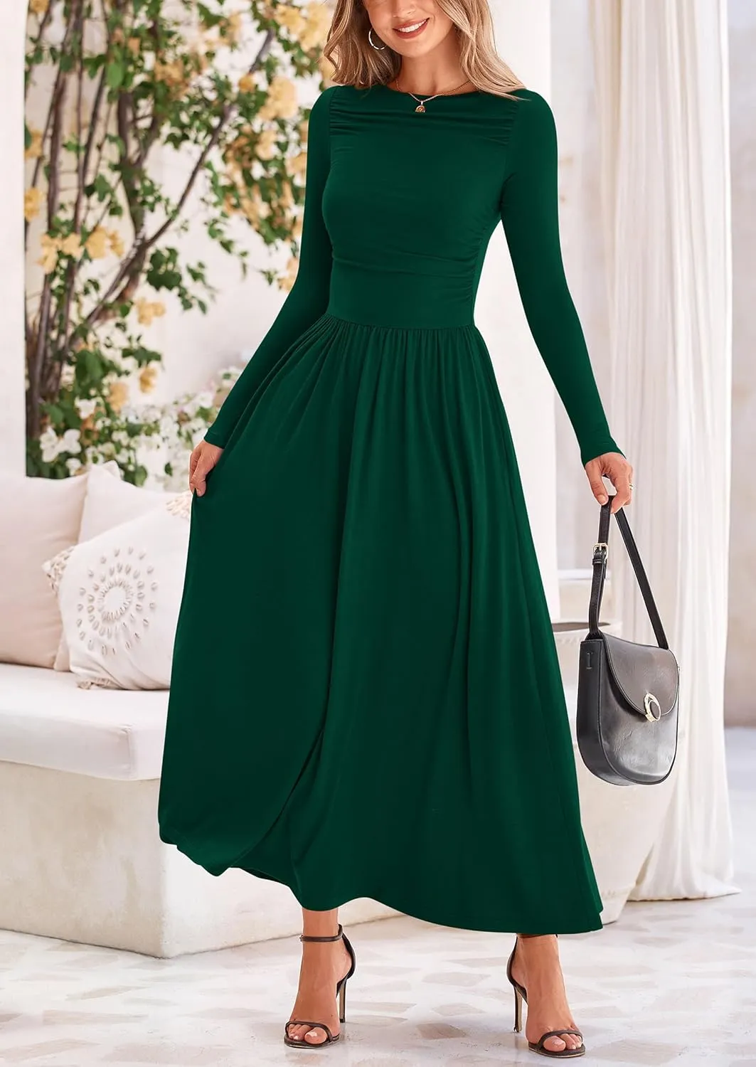 PRETTYGARDEN Women's 2025 Spring Casual Long Sleeve Maxi Dresses Crewneck Ruched A Line Flowy Elegant Modest Going Out Dress
