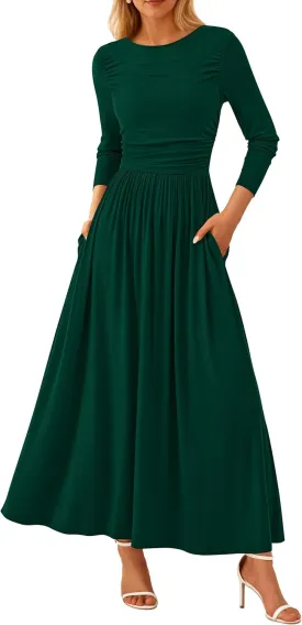 PRETTYGARDEN Women's 2025 Spring Casual Long Sleeve Maxi Dresses Crewneck Ruched A Line Flowy Elegant Modest Going Out Dress