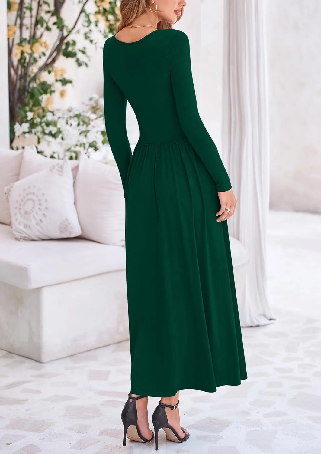 PRETTYGARDEN Women's 2025 Spring Casual Long Sleeve Maxi Dresses Crewneck Ruched A Line Flowy Elegant Modest Going Out Dress