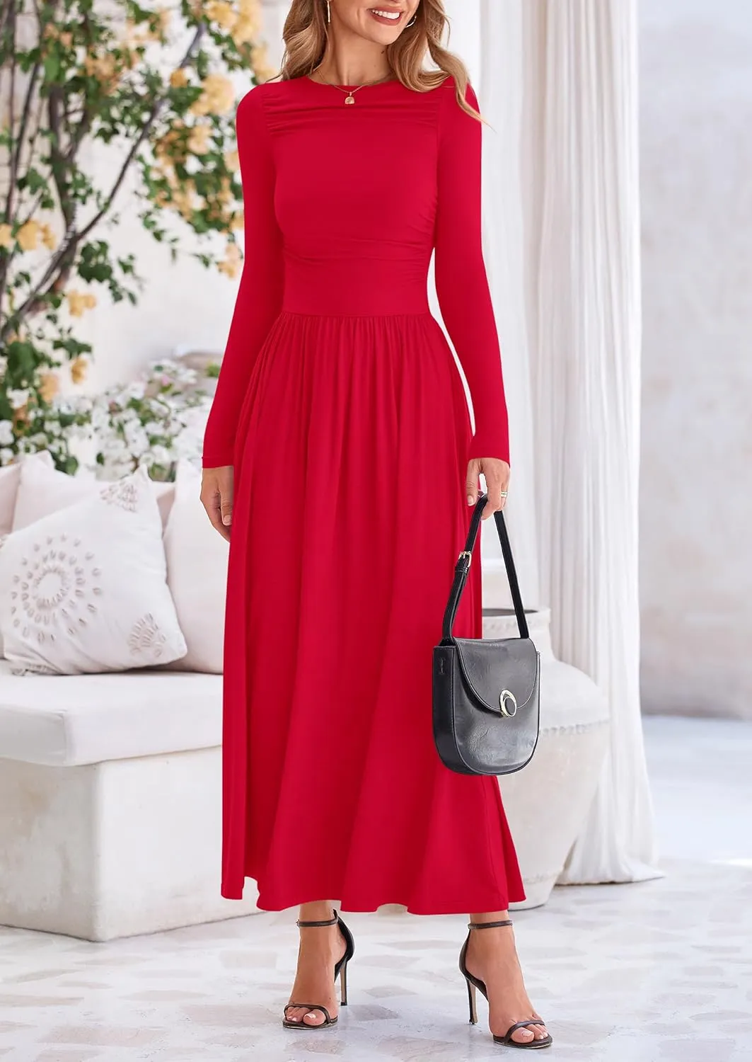 PRETTYGARDEN Women's 2025 Spring Casual Long Sleeve Maxi Dresses Crewneck Ruched A Line Flowy Elegant Modest Going Out Dress