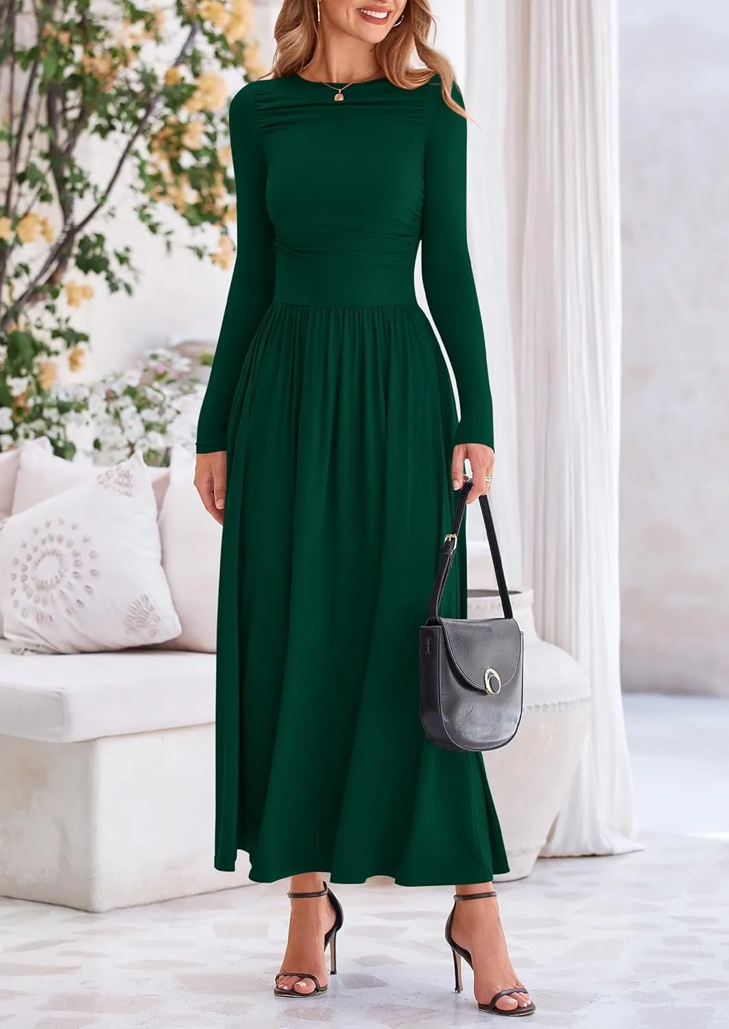 PRETTYGARDEN Women's 2025 Spring Casual Long Sleeve Maxi Dresses Crewneck Ruched A Line Flowy Elegant Modest Going Out Dress