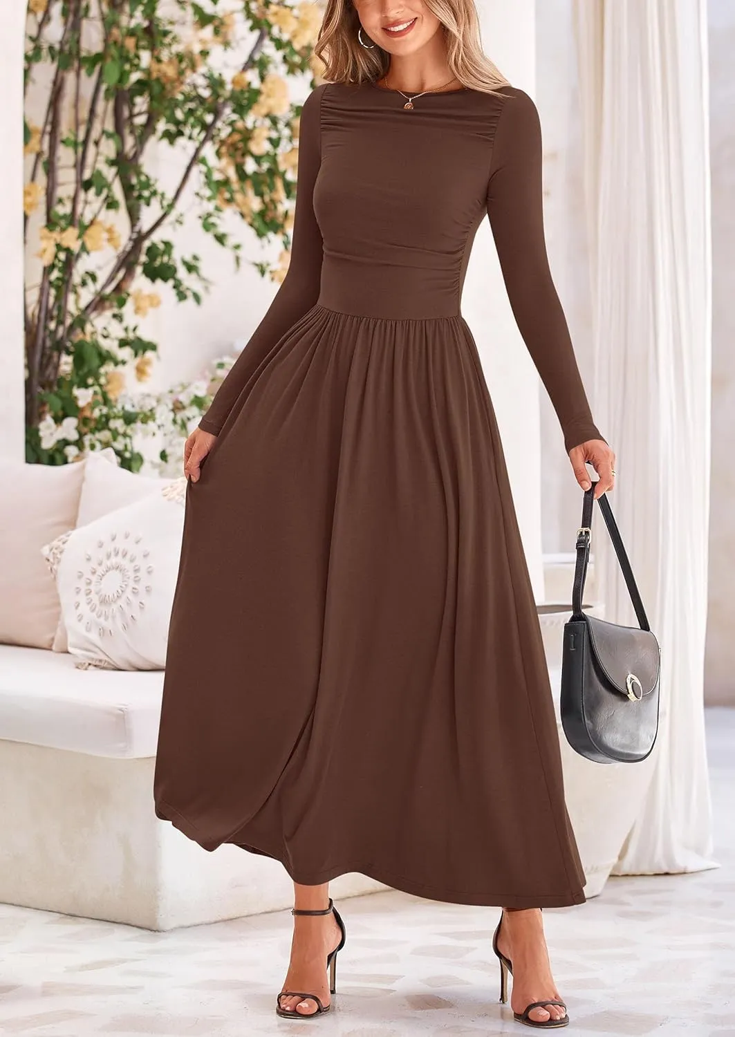 PRETTYGARDEN Women's 2025 Spring Casual Long Sleeve Maxi Dresses Crewneck Ruched A Line Flowy Elegant Modest Going Out Dress