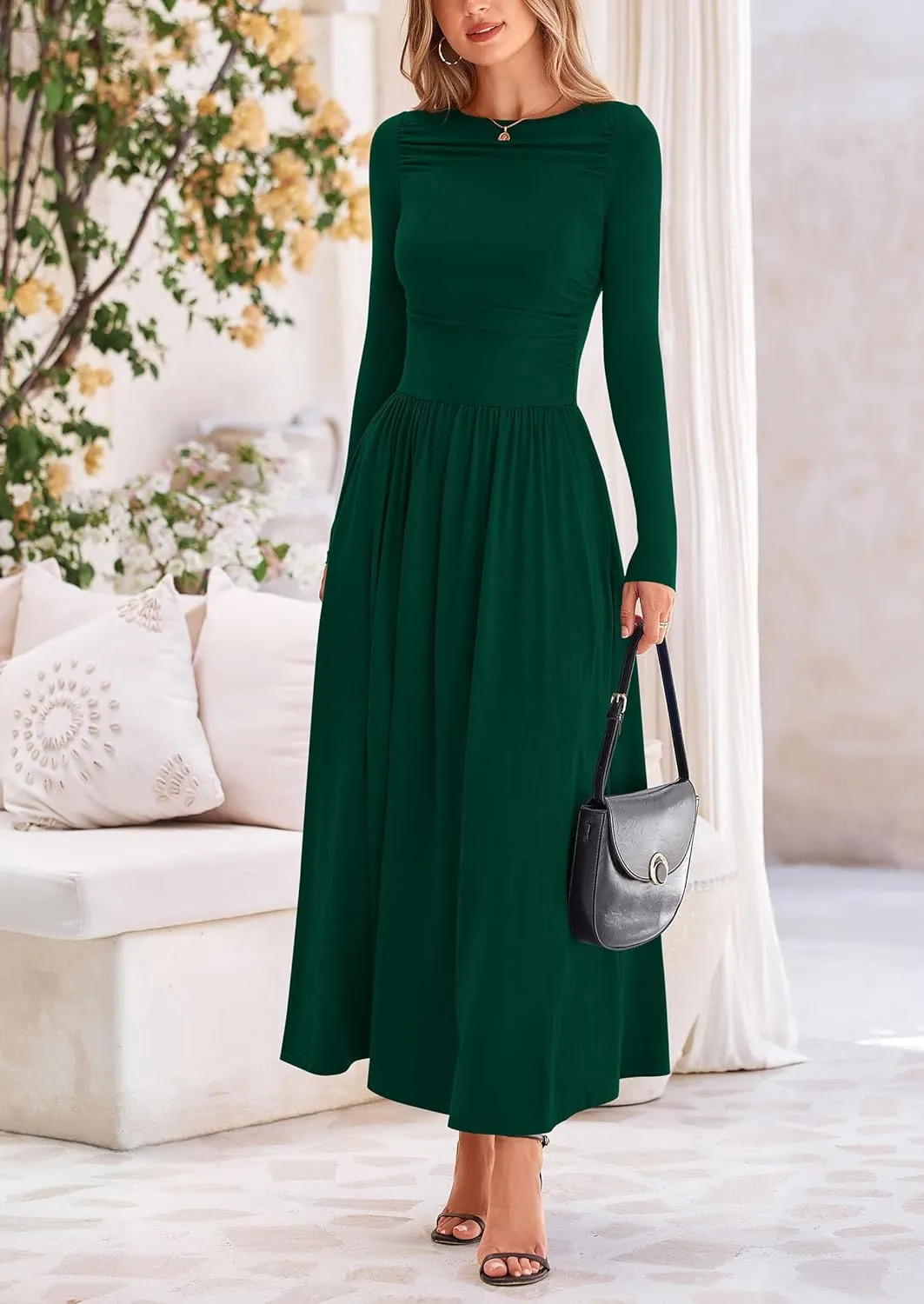 PRETTYGARDEN Women's 2025 Spring Casual Long Sleeve Maxi Dresses Crewneck Ruched A Line Flowy Elegant Modest Going Out Dress