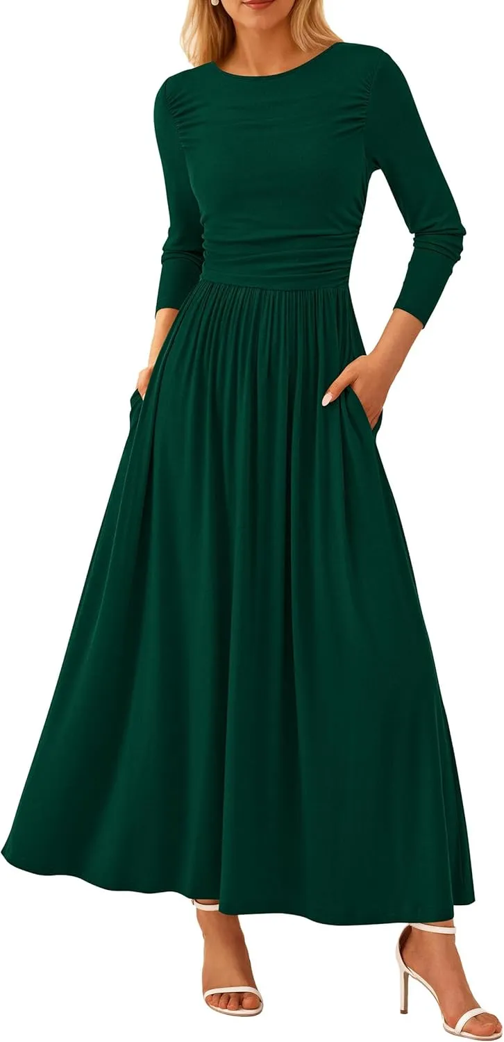 PRETTYGARDEN Women's 2025 Spring Casual Long Sleeve Maxi Dresses Crewneck Ruched A Line Flowy Elegant Modest Going Out Dress