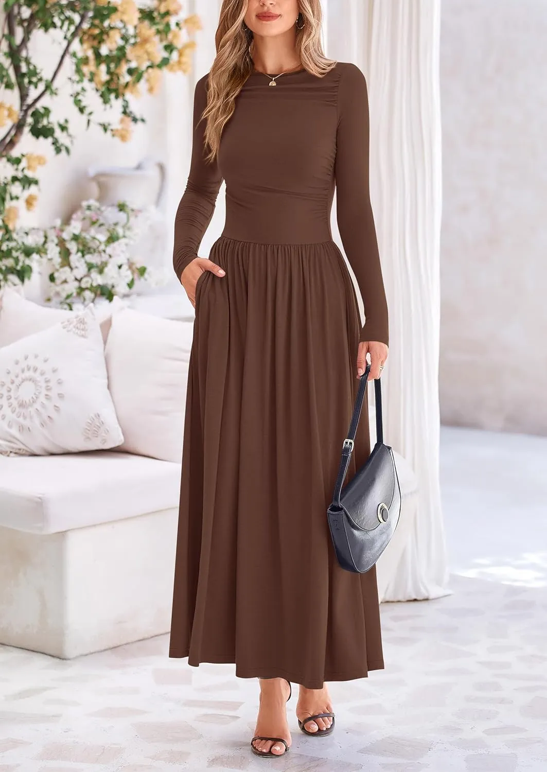 PRETTYGARDEN Women's 2025 Spring Casual Long Sleeve Maxi Dresses Crewneck Ruched A Line Flowy Elegant Modest Going Out Dress