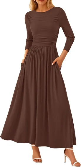 PRETTYGARDEN Women's 2025 Spring Casual Long Sleeve Maxi Dresses Crewneck Ruched A Line Flowy Elegant Modest Going Out Dress