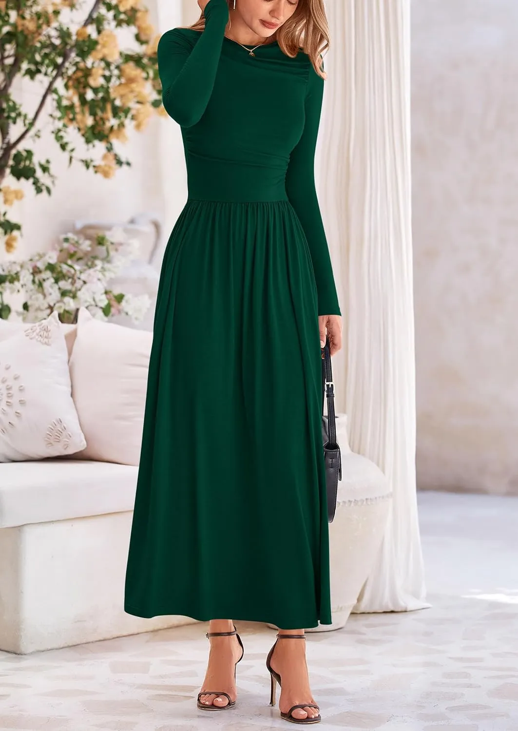 PRETTYGARDEN Women's 2025 Spring Casual Long Sleeve Maxi Dresses Crewneck Ruched A Line Flowy Elegant Modest Going Out Dress