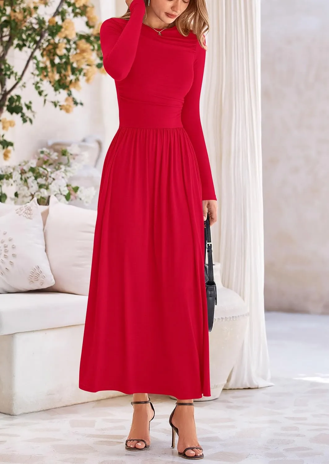 PRETTYGARDEN Women's 2025 Spring Casual Long Sleeve Maxi Dresses Crewneck Ruched A Line Flowy Elegant Modest Going Out Dress