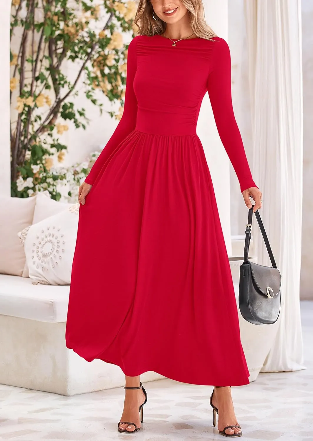 PRETTYGARDEN Women's 2025 Spring Casual Long Sleeve Maxi Dresses Crewneck Ruched A Line Flowy Elegant Modest Going Out Dress