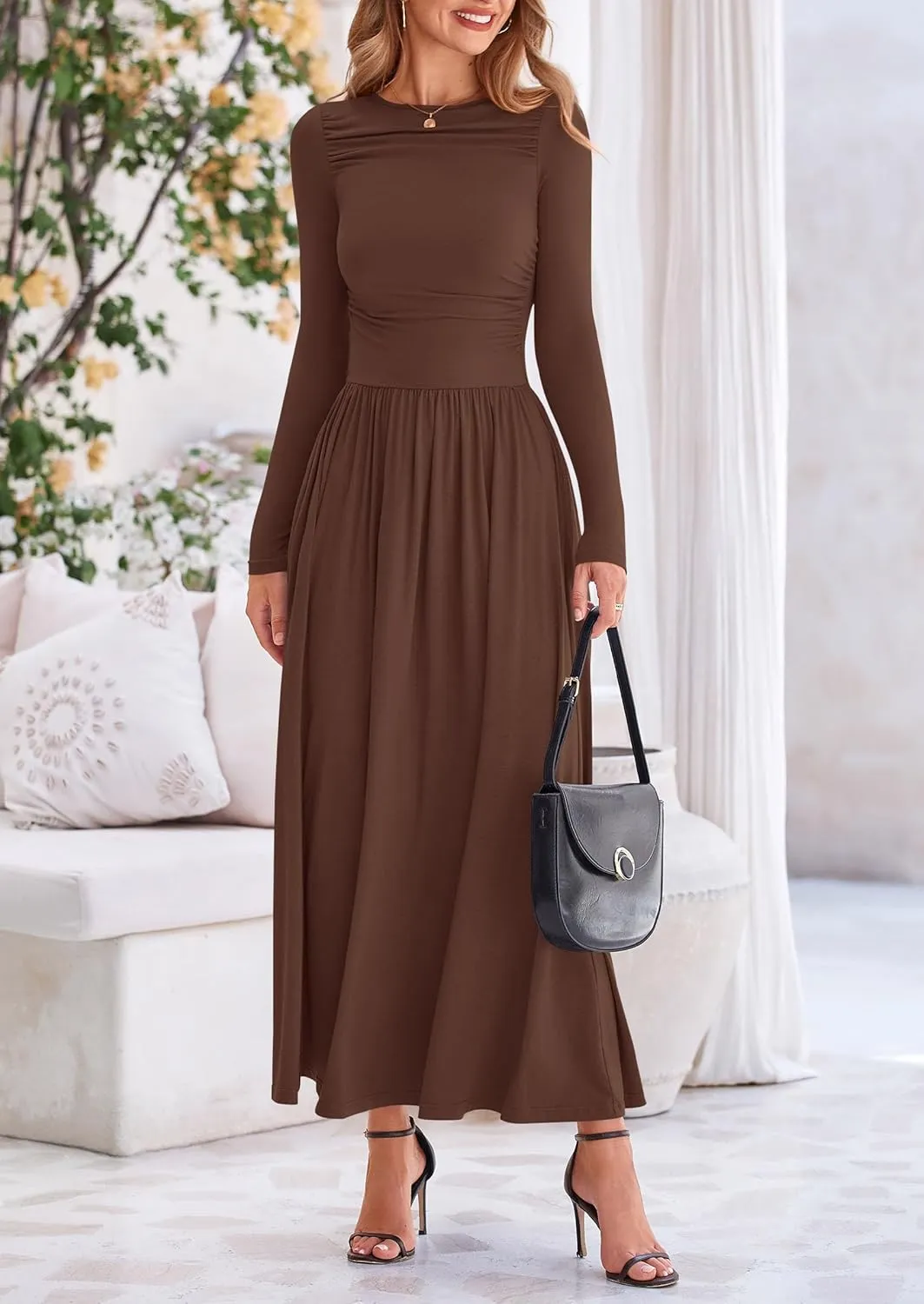 PRETTYGARDEN Women's 2025 Spring Casual Long Sleeve Maxi Dresses Crewneck Ruched A Line Flowy Elegant Modest Going Out Dress