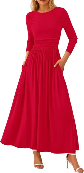 PRETTYGARDEN Women's 2025 Spring Casual Long Sleeve Maxi Dresses Crewneck Ruched A Line Flowy Elegant Modest Going Out Dress