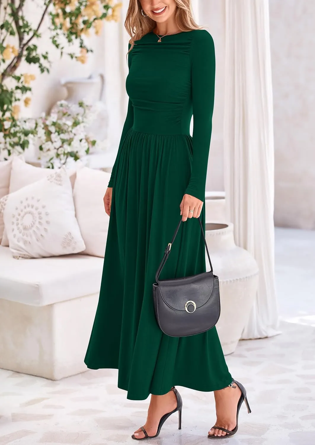 PRETTYGARDEN Women's 2025 Spring Casual Long Sleeve Maxi Dresses Crewneck Ruched A Line Flowy Elegant Modest Going Out Dress