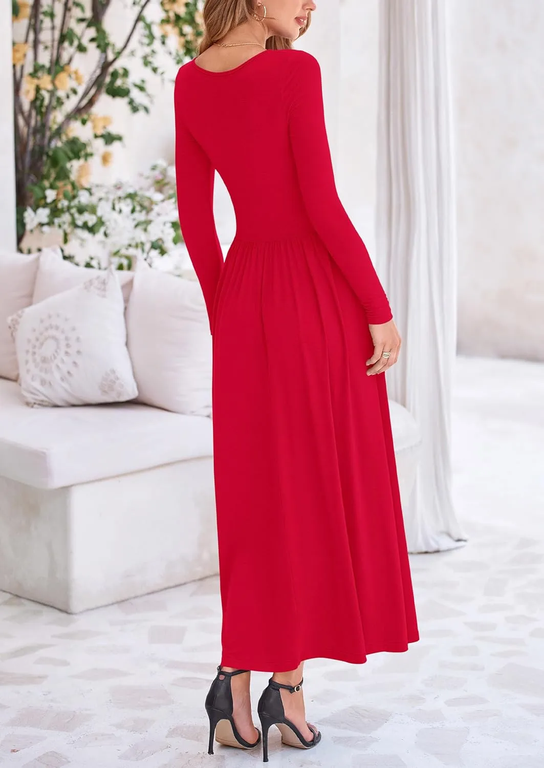 PRETTYGARDEN Women's 2025 Spring Casual Long Sleeve Maxi Dresses Crewneck Ruched A Line Flowy Elegant Modest Going Out Dress