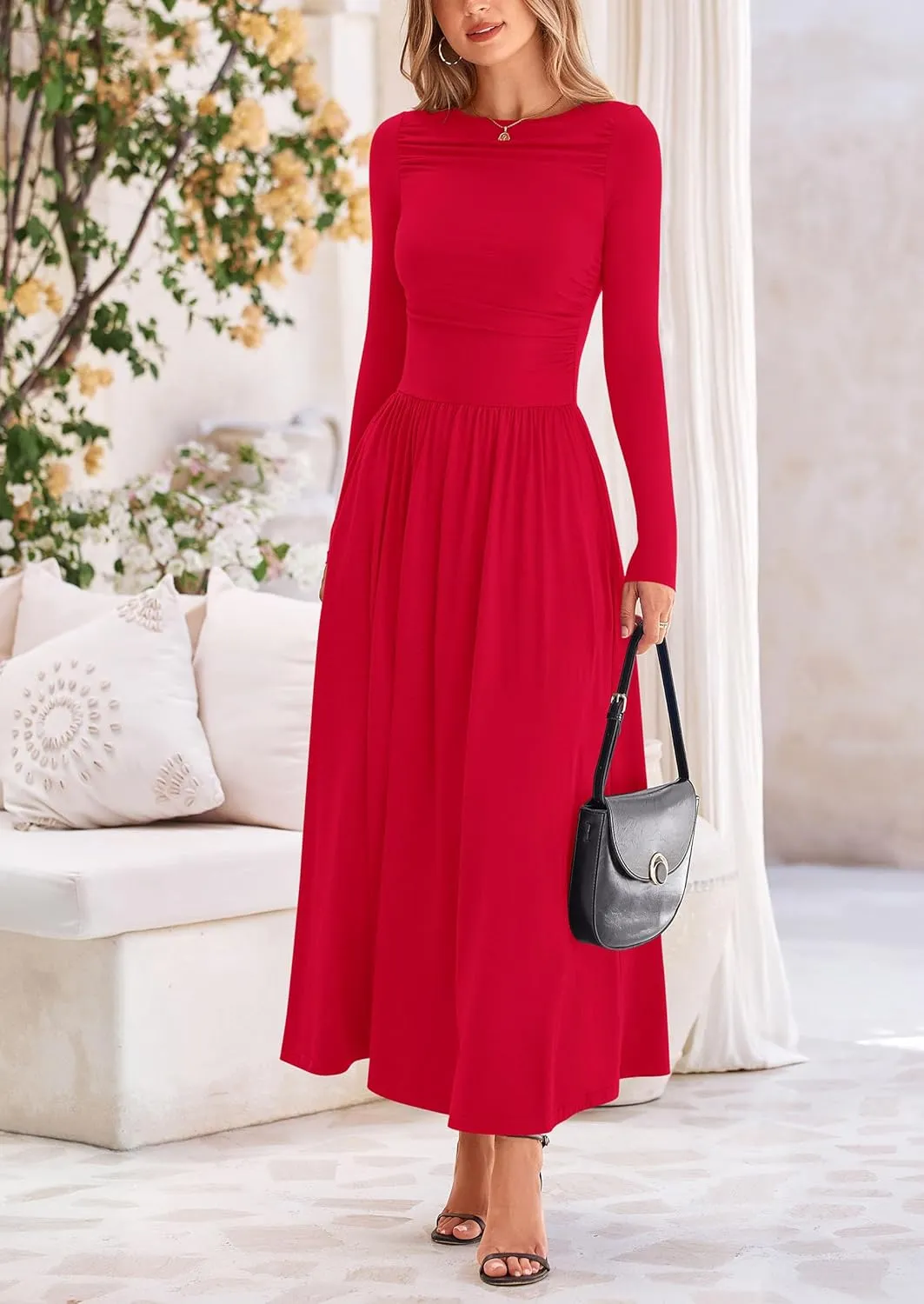 PRETTYGARDEN Women's 2025 Spring Casual Long Sleeve Maxi Dresses Crewneck Ruched A Line Flowy Elegant Modest Going Out Dress