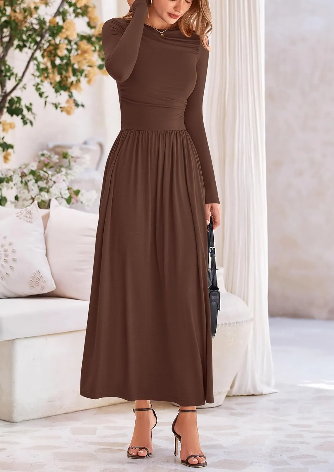 PRETTYGARDEN Women's 2025 Spring Casual Long Sleeve Maxi Dresses Crewneck Ruched A Line Flowy Elegant Modest Going Out Dress