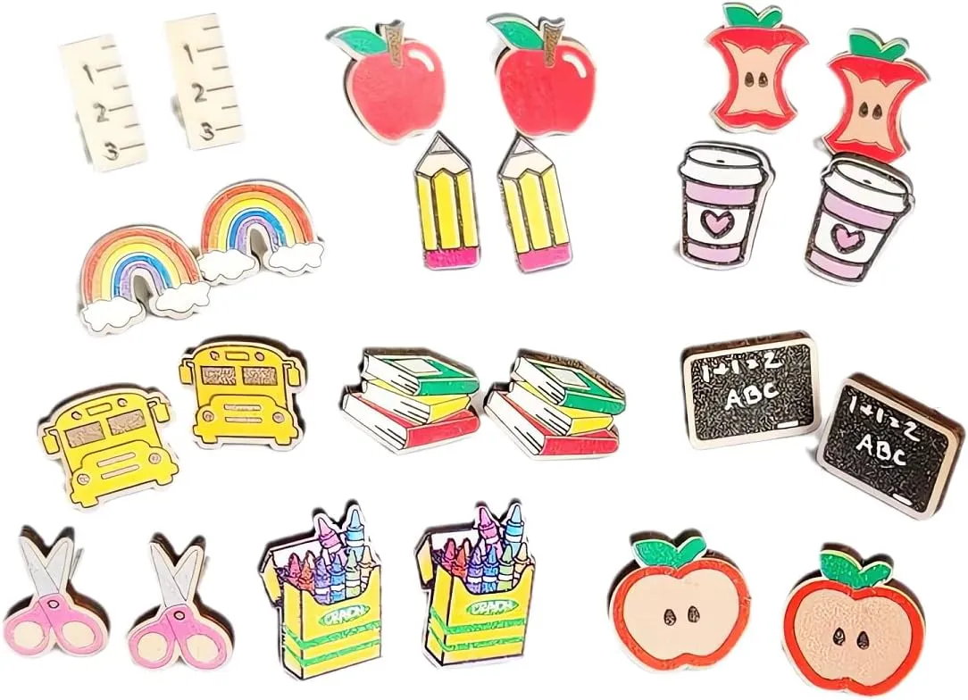 Teacher Student Stud Earrings Set Colorful Crayon Pencil Ruler Book Teacher's Gift Back to First Day of College Wooden Jewelry for Women