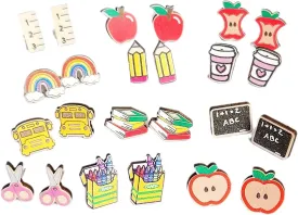 Teacher Student Stud Earrings Set Colorful Crayon Pencil Ruler Book Teacher's Gift Back to First Day of College Wooden Jewelry for Women