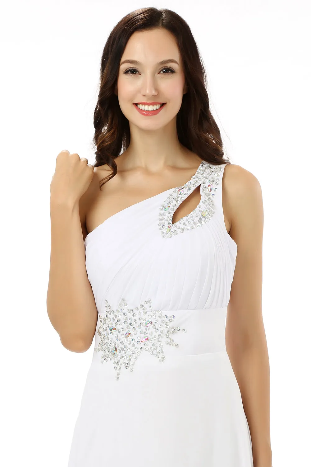 White One Shoulder Chiffon Pleats Beading Bridesmaid Dresses