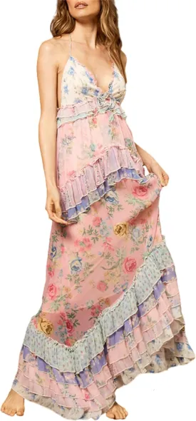 Women Boho Floral Smocked Maxi Dress Y2k Patchwork Lace Layered Long Beach Dress Casual Flowy Summer Sundress