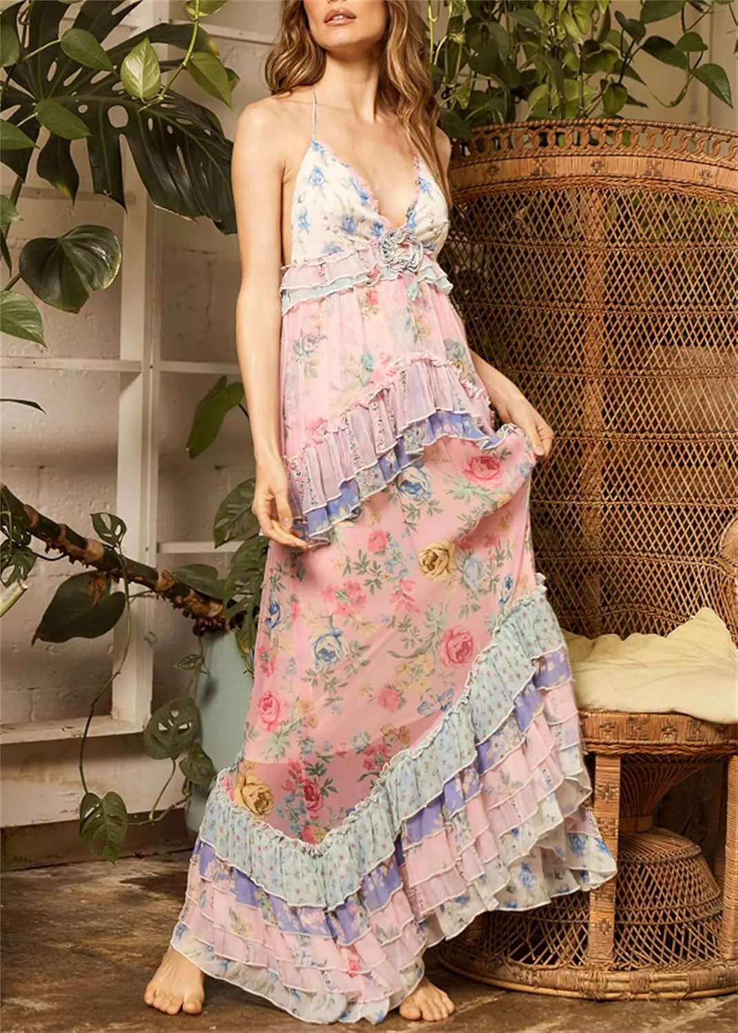 Women Boho Floral Smocked Maxi Dress Y2k Patchwork Lace Layered Long Beach Dress Casual Flowy Summer Sundress