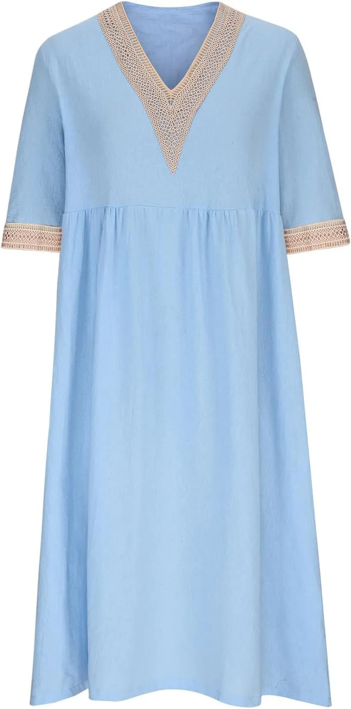 Women Cotton Linen Dress Hollow V Neck 3/4 Sleeve Casual Midi Dresses High Waist Pleated Flowy Spring Summer Dresses