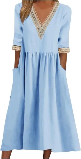Women Cotton Linen Dress Hollow V Neck 3/4 Sleeve Casual Midi Dresses High Waist Pleated Flowy Spring Summer Dresses