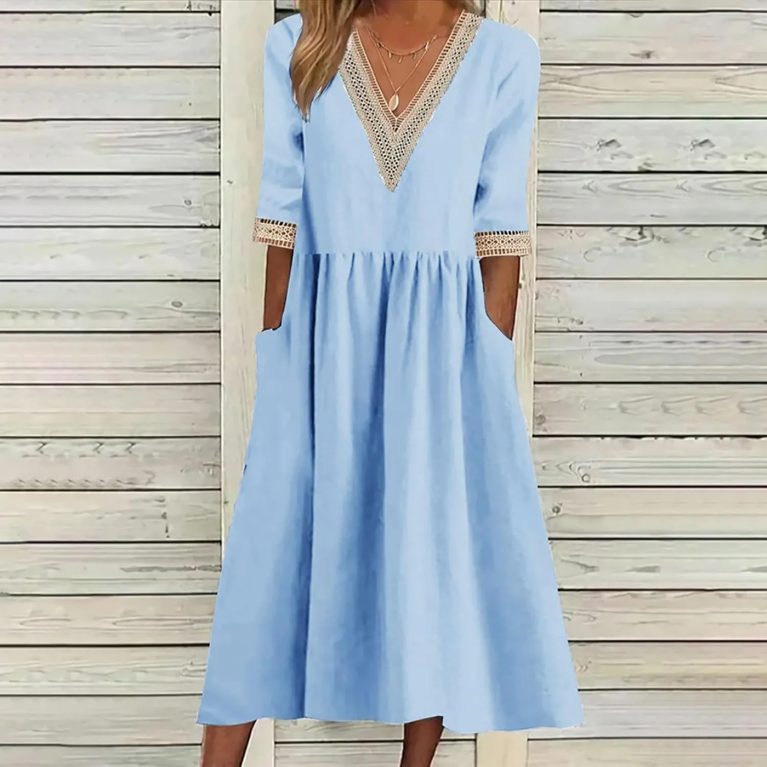 Women Cotton Linen Dress Hollow V Neck 3/4 Sleeve Casual Midi Dresses High Waist Pleated Flowy Spring Summer Dresses