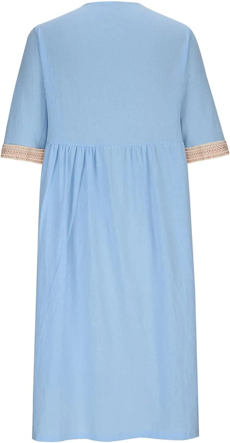 Women Cotton Linen Dress Hollow V Neck 3/4 Sleeve Casual Midi Dresses High Waist Pleated Flowy Spring Summer Dresses