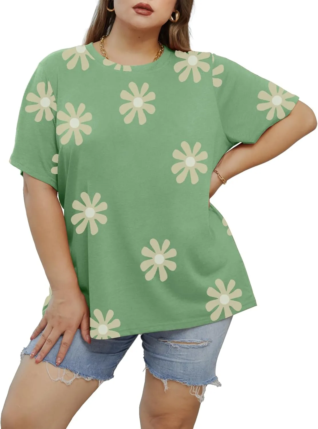 Womens Plus Size Daisy Graphic T-Shirt Summer Flower Cute Short Sleeve Shirts Casual Loose Tees Tops for Women