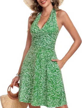 Women's Summer Dresses Sleeveless Halter V Neck Womens Sundress Spring 2025 Floral Dress for Women with Pocket Elastic Waist