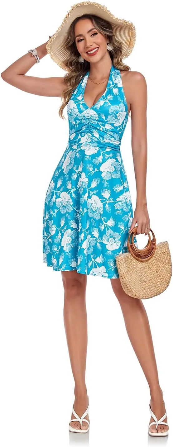 Women's Summer Dresses Sleeveless Halter V Neck Womens Sundress Spring 2025 Floral Dress for Women with Pocket Elastic Waist