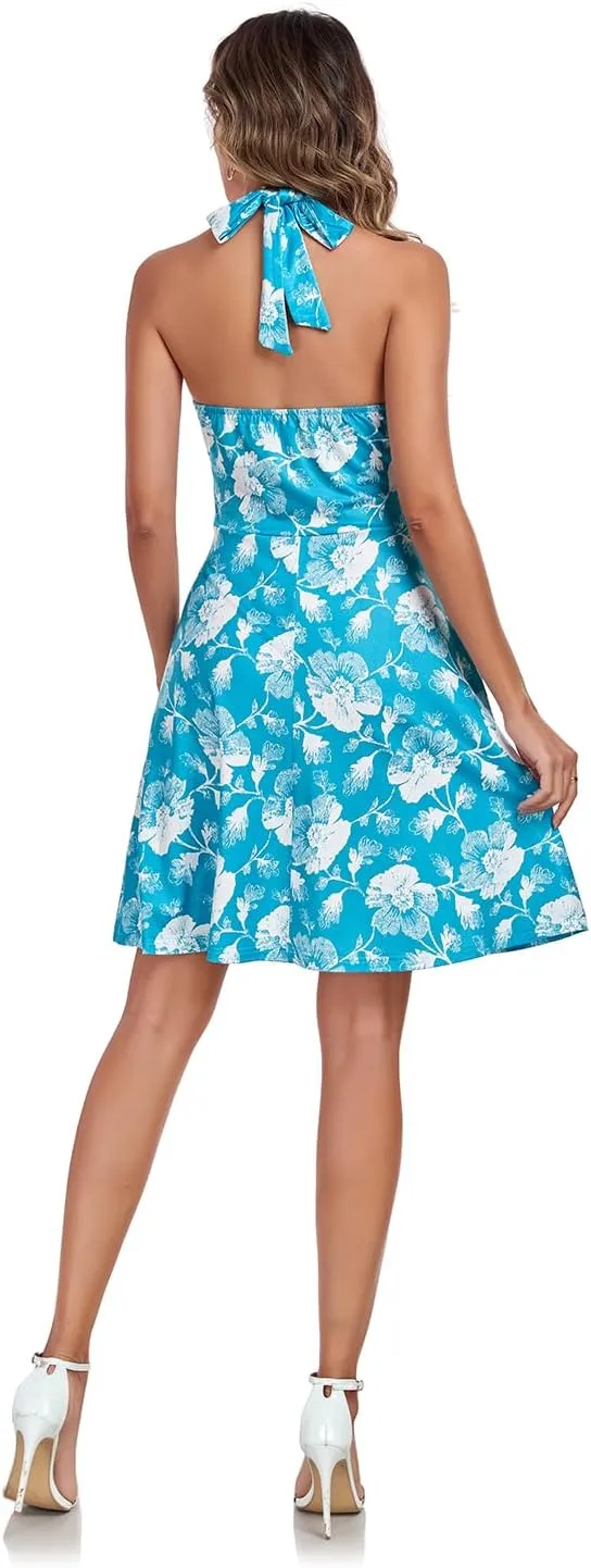 Women's Summer Dresses Sleeveless Halter V Neck Womens Sundress Spring 2025 Floral Dress for Women with Pocket Elastic Waist