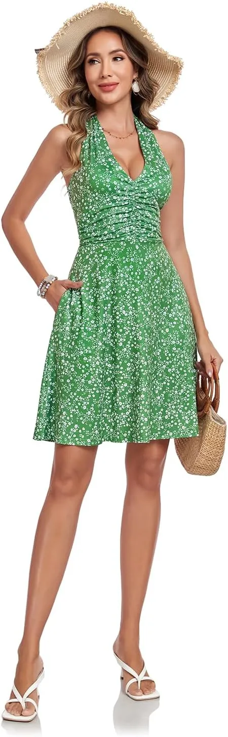 Women's Summer Dresses Sleeveless Halter V Neck Womens Sundress Spring 2025 Floral Dress for Women with Pocket Elastic Waist