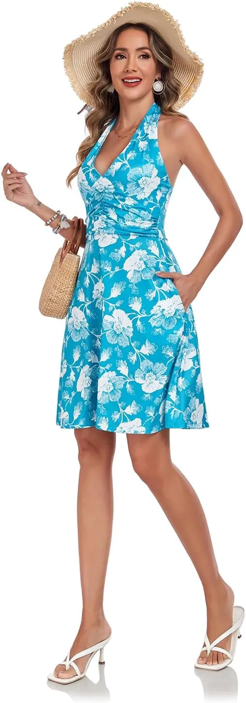Women's Summer Dresses Sleeveless Halter V Neck Womens Sundress Spring 2025 Floral Dress for Women with Pocket Elastic Waist