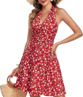 Women's Summer Dresses Sleeveless Halter V Neck Womens Sundress Spring 2025 Floral Dress for Women with Pocket Elastic Waist